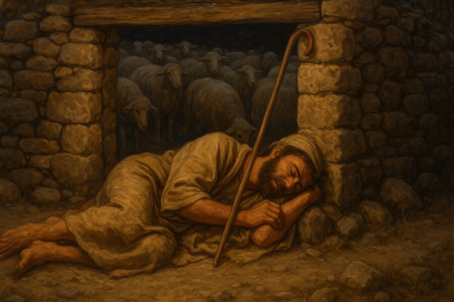 Picture of a shepherd protecting his flock.